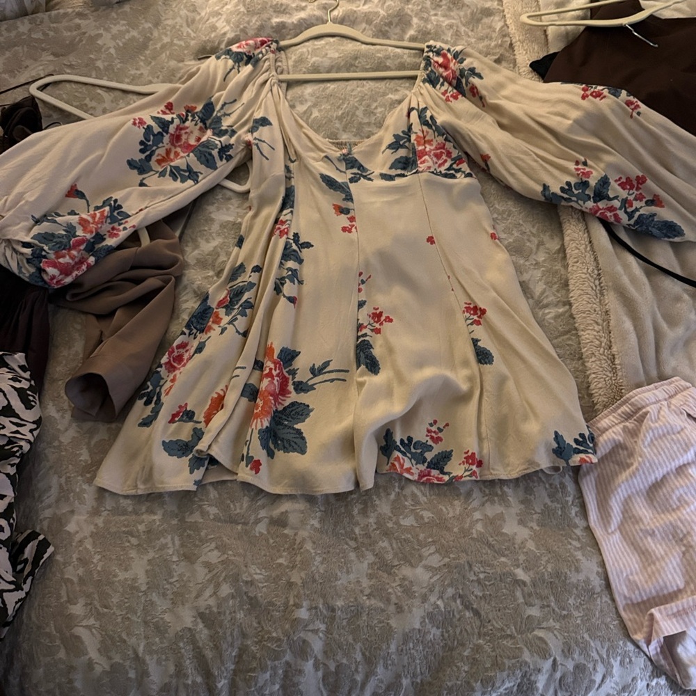 Floral Cream Blouse with Blue and Pink Accents